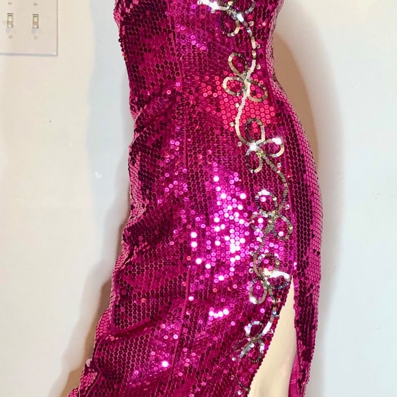 Vtg 80s Sequined Fuchsia Pink w/Silver Strapless Wiggle Evening Pageant Gown~2 - Picture 6 of 13